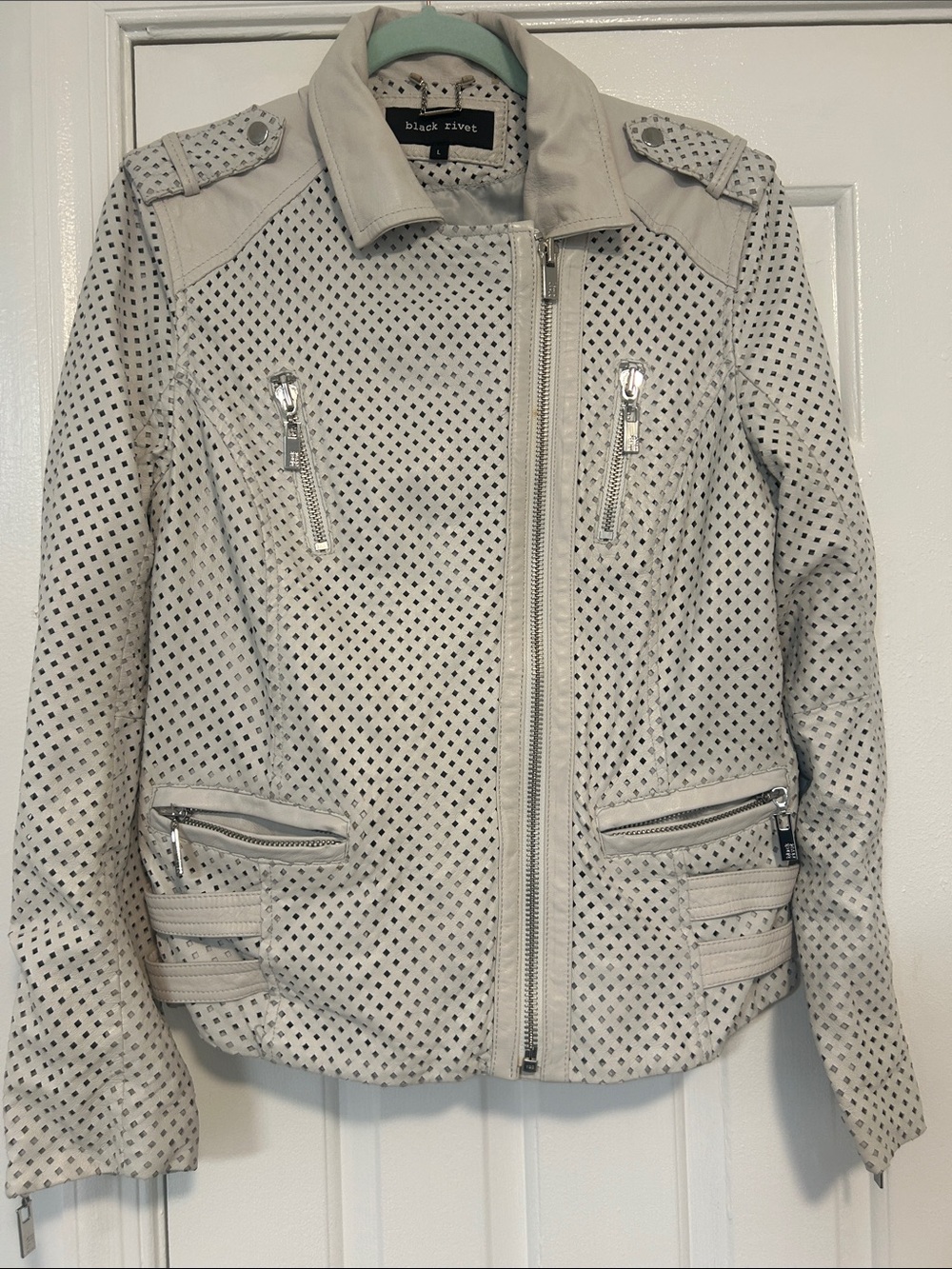 Black Rivet white Perforated Leather Moto Jacket